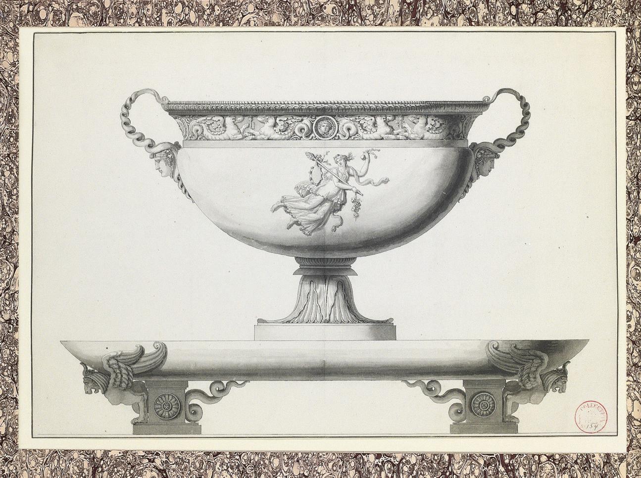 Jean-Guillaume Moitte - Design for a silver tureen with a bacchante holding a garland, on a platter with winged lion feet