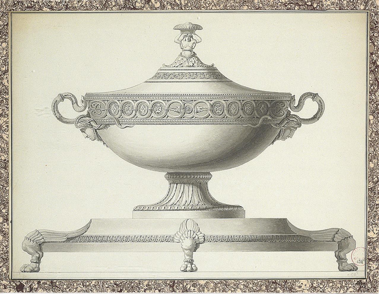 Jean-Guillaume Moitte - Design for a tureen with snake handles on a platter with lion\'s paw feet