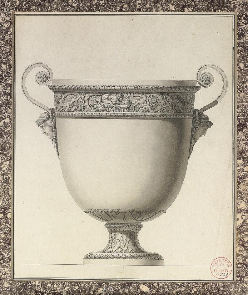 Jean-Guillaume Moitte - Design for a wine cooler with a frieze of acanthus scrolls and putti driving chimerical serpent-tailed rams, with bacchantae head handles