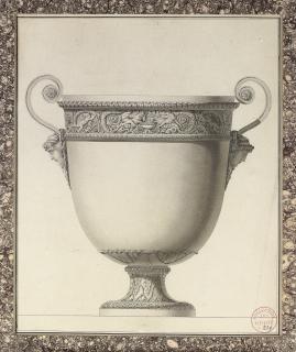 Jean-Guillaume Moitte - Design for a wine cooler with a frieze of acanthus scrolls and putti driving chimerical serpent-tailed rams, with bacchantae head handles