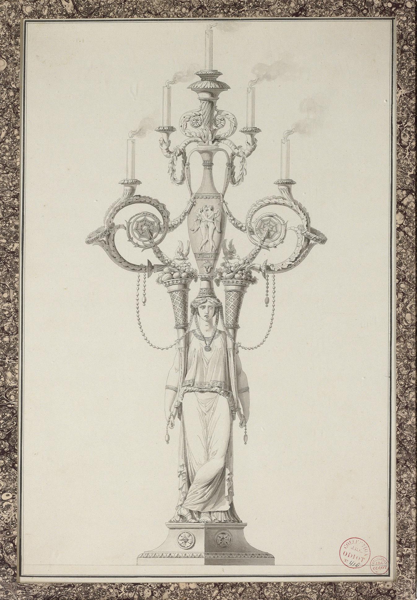 Jean-Guillaume Moitte - Design for an elaborate candelabrum with a classical figure holding two cornucopia supporting an urn and five lights