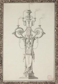 Jean-Guillaume Moitte - Design for an elaborate candelabrum with a classical figure holding two cornucopia supporting an urn and five lights