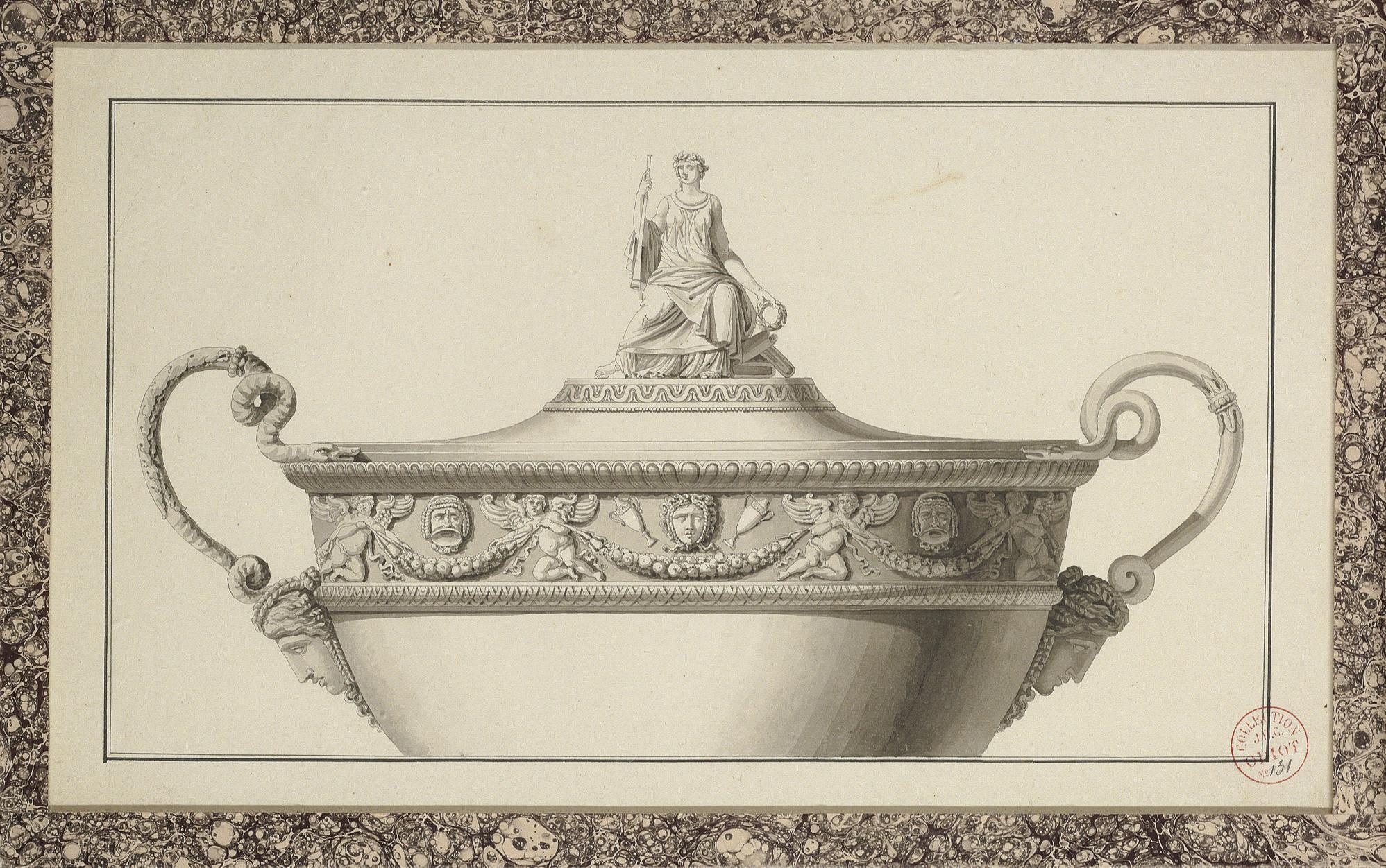 Jean-Guillaume Moitte - Design for the upper part of a tureen crowned with the figure of Calliope bearing a trumpet and laurel crown, and decorated with a frieze of masks and putti holding garlands