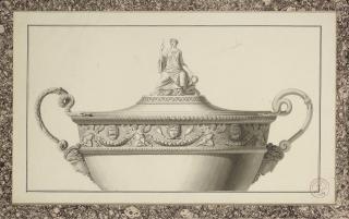 Jean-Guillaume Moitte - Design for the upper part of a tureen crowned with the figure of Calliope bearing a trumpet and laurel crown, and decorated with a frieze of masks and putti holding garlands