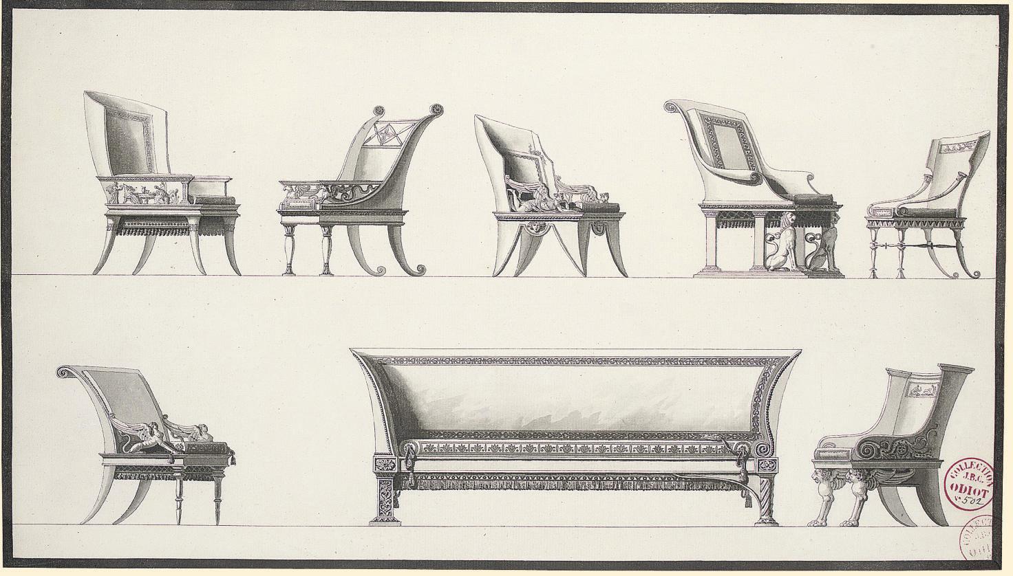 Jean-Guillaume Moitte - Designs for seven elaborate armchairs and a sofa