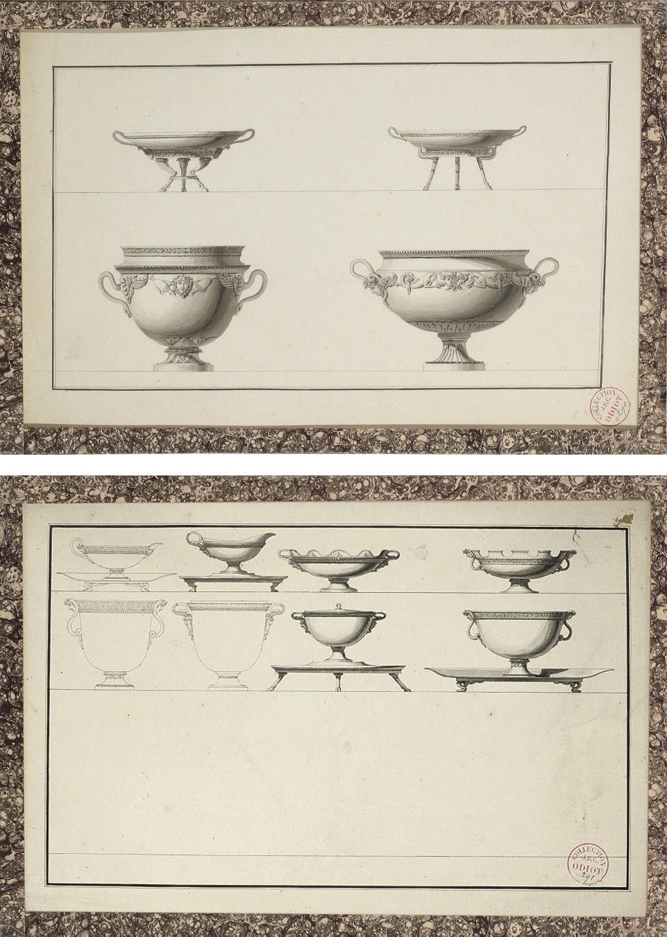 Jean-Guillaume Moitte - Two designs for tazzas with cloven hoof stands and two designs for elaborate urns with snake\'s head handles; and Eight designs for sauce boats, tazzas, tureens and wine coolers