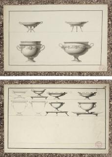 Jean-Guillaume Moitte - Two designs for tazzas with cloven hoof stands and two designs for elaborate urns with snake\'s head handles; and Eight designs for sauce boats, tazzas, tureens and wine coolers