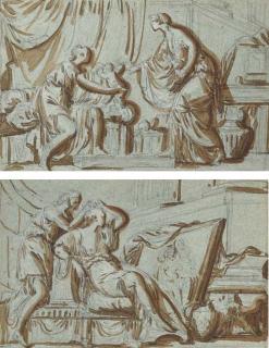 Jean-Guillaume Moitte - Une Femme Donnant Des Amours À Une Autre Femme Assise; Et Une Femme Assise Devant Un Bas-Relief, Avec Une Servante