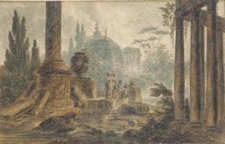 Jean-Henri-Alexandre Pernet - A capriccio of classical buildings with elegant ladies by a spring; and A classical landscape with figures by a capriccio view of Trajan\'s Column