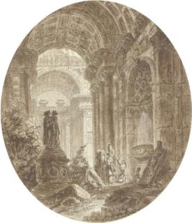 Jean-Henri-Alexandre Pernet - A capriccio of classical ruins, with coffered archways and figures taking water from a fountain