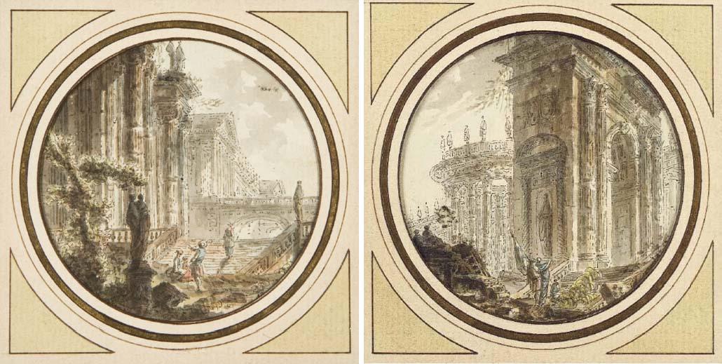 Jean-Henri-Alexandre Pernet - Capriccio Avec Des Temples, Un Pont Et Un Escalier, Des Figures Et Une Statue Au Premier Plan; Et Capriccio Avec Un Arc Et Un Temple Rond, Des Figures Au Premier Plan