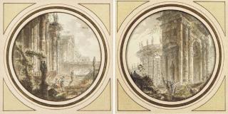 Jean-Henri-Alexandre Pernet - Capriccio Avec Des Temples, Un Pont Et Un Escalier, Des Figures Et Une Statue Au Premier Plan; Et Capriccio Avec Un Arc Et Un Temple Rond, Des Figures Au Premier Plan