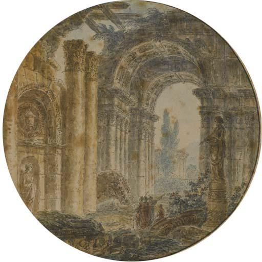 Jean-Henri-Alexandre Pernet - Un capriccio avec un temple en ruine, le temple de Vesta au fond, des figures drapées au premier plan