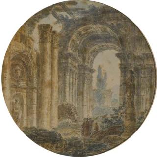Jean-Henri-Alexandre Pernet - Un capriccio avec un temple en ruine, le temple de Vesta au fond, des figures drapées au premier plan
