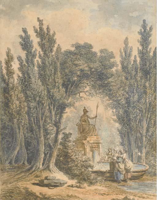 Jean-Henri-Alexandre Pernet - Un Paysage Avec Des Lavandières Devant Une Fontaine Surmontée D\'Une Statue de Minerve