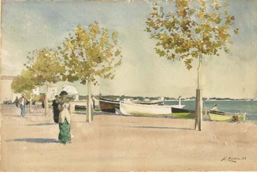 Jean-Henri Zuber - Des figures se promenant près de la mer à Cannes