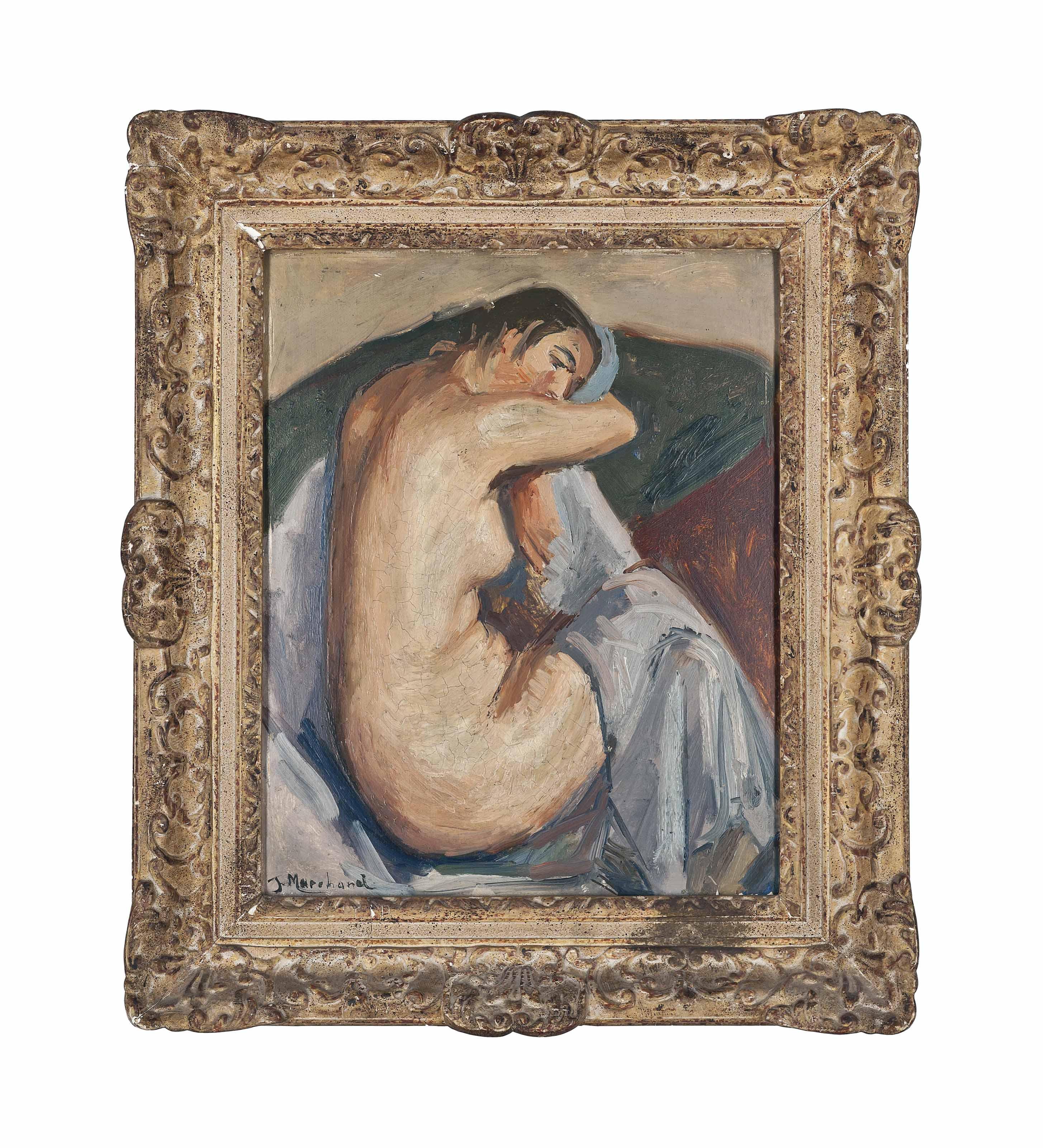 Jean Hippolyte Marchand - Seated Nude With A Blue Sheet