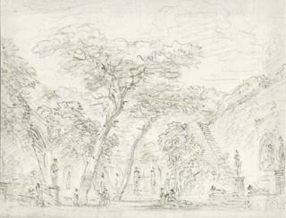 Jean-Honoré Fragonard - A garden with sculpture among Roman pines, steps mounting a high wall to the right