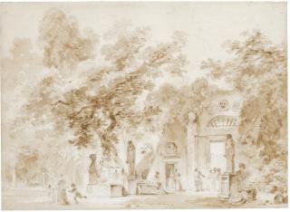 Jean-Honoré Fragonard - A Park, With Many Figures Walking Among Egyptian Sculptures
