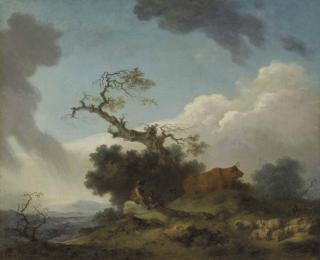 Jean-Honoré Fragonard - A Shepherd And Herdsman Seated On A Rock With Cows And Sheep, A Landscape Beyond
