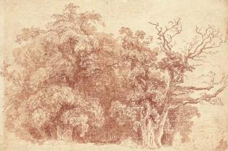 Jean-Honoré Fragonard - A study of trees at the edge of wood, with figures resting in the shade
