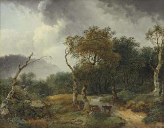 Jean-Honoré Fragonard - A wooded landscape with milkmaids and their cattle sheltering from a shower