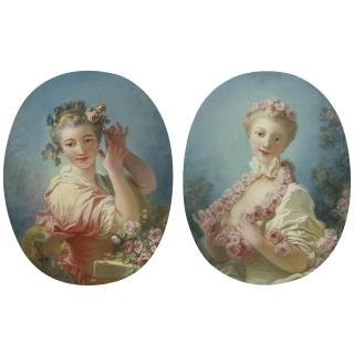 Jean-Honoré Fragonard - A Young Blonde Woman With A Garland Of Roses Around Her Neck; A Young Woman Adorning Her Powdered Coiffure With A Spray Of Roses