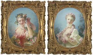 Jean-Honoré Fragonard - A Young Woman Adorning Her Powdered Coiffure With A Spray Of Roses; A Young Blonde Woman With A Garland Of Roses Around Her Neck