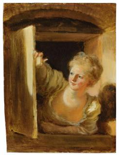 Jean Honoré Fragonard - A YOUNG WOMAN LEANING OUT OF A WINDOW
