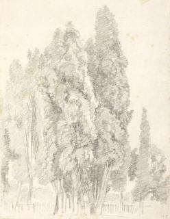 Jean-Honoré Fragonard - Cypresses by a fence with a statue on a pedestal nearby