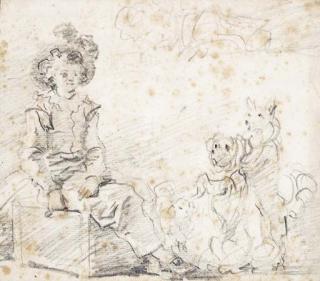 Jean-Honoré Fragonard - Three dogs standing before a boy seated on a box