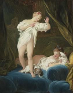 Jean-Honoré Fragonard - Two Girls On A Bed Playing With Their Dogs