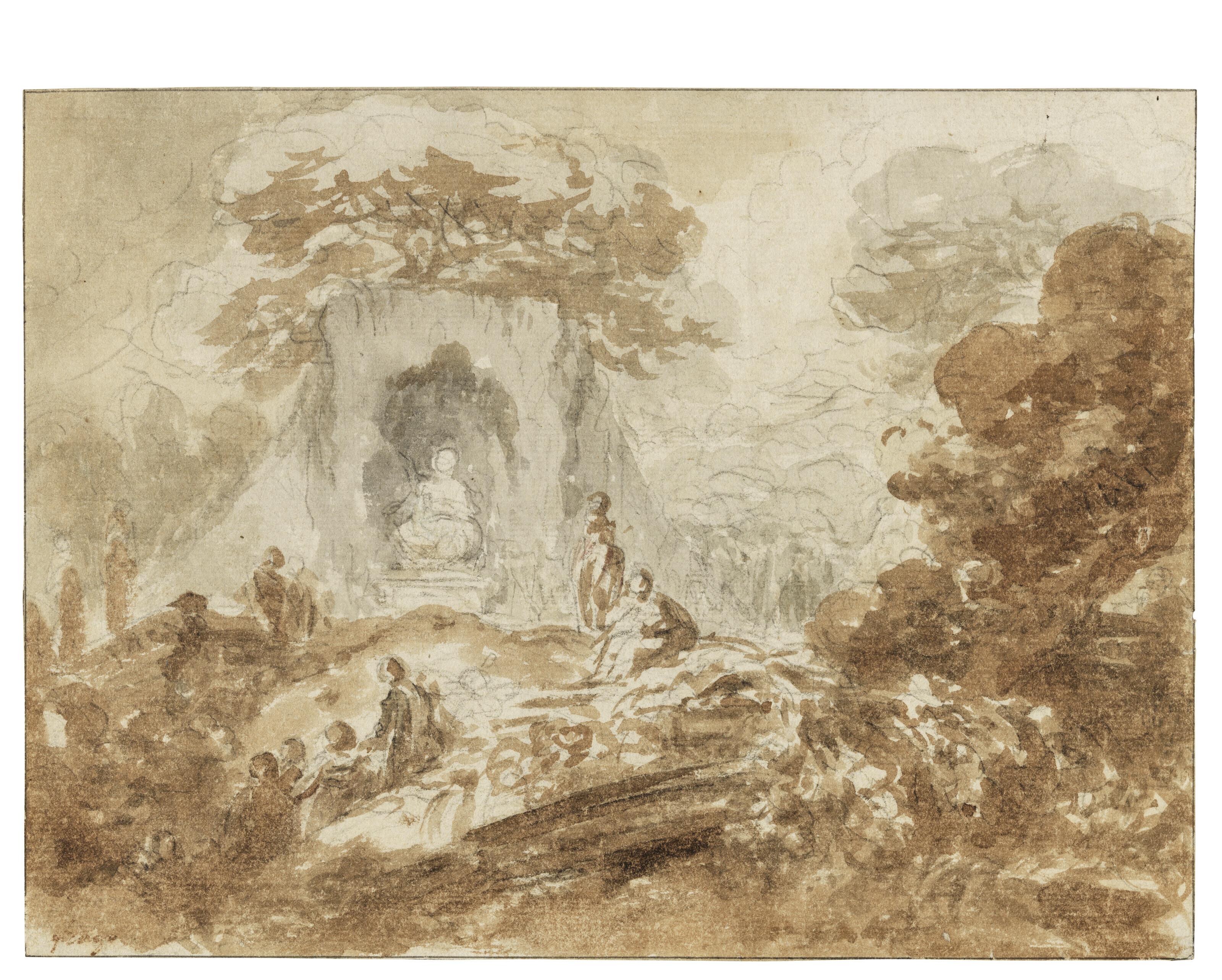 Jean-Honoré Fragonard - View of a park with figures admiring a statue