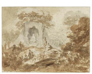 Jean-Honoré Fragonard - View of a park with figures admiring a statue