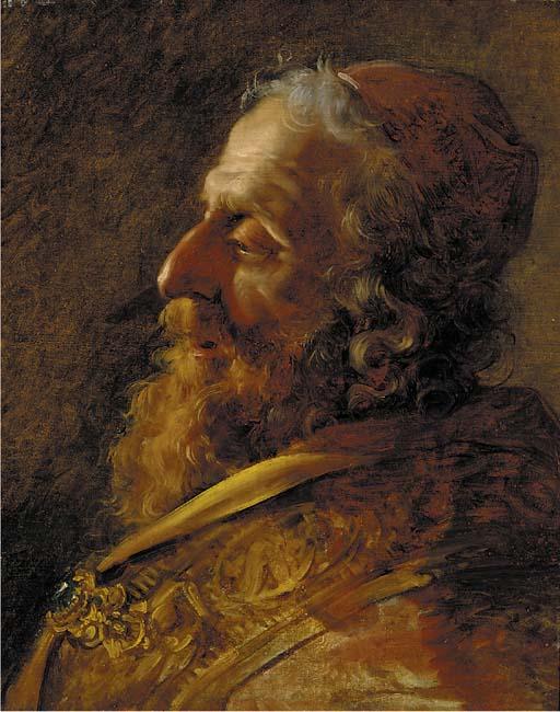 Jean-Hughes Taraval - Study for the head of a Rabbi, bust-length, in profile, in a red robe with a jewelled clasp
