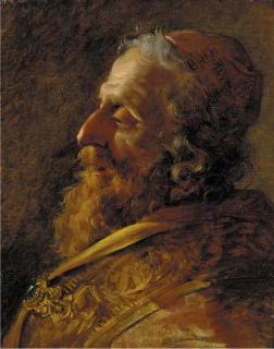 Jean-Hughes Taraval - Study for the head of a Rabbi, bust-length, in profile, in a red robe with a jewelled clasp