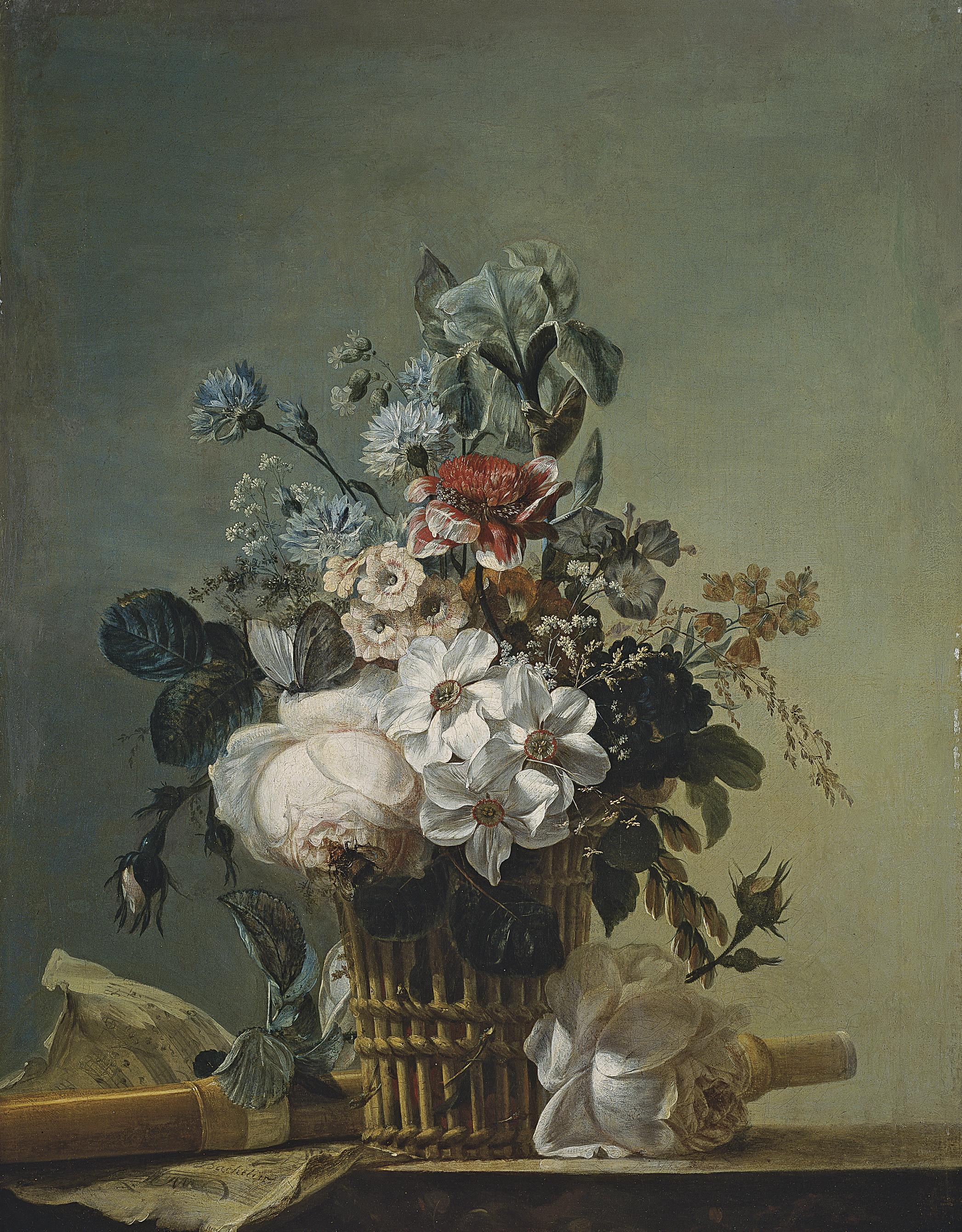 Jean-Jacques Bachelier - Bouquet de fleurs, flûte et partition sur un entablement