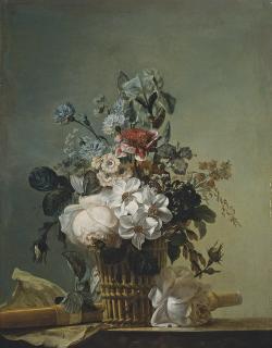 Jean-Jacques Bachelier - Bouquet de fleurs, flûte et partition sur un entablement