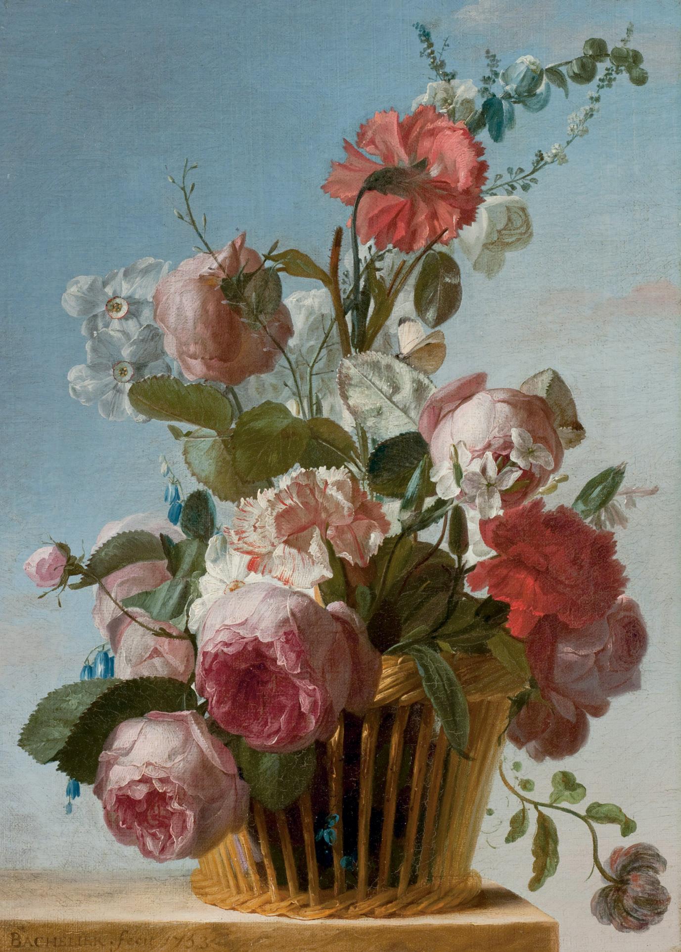 Jean-Jacques Bachelier - Roses, Oeillets Et Narcisses Dans Une Corbeille Posée Sur Un Entablement