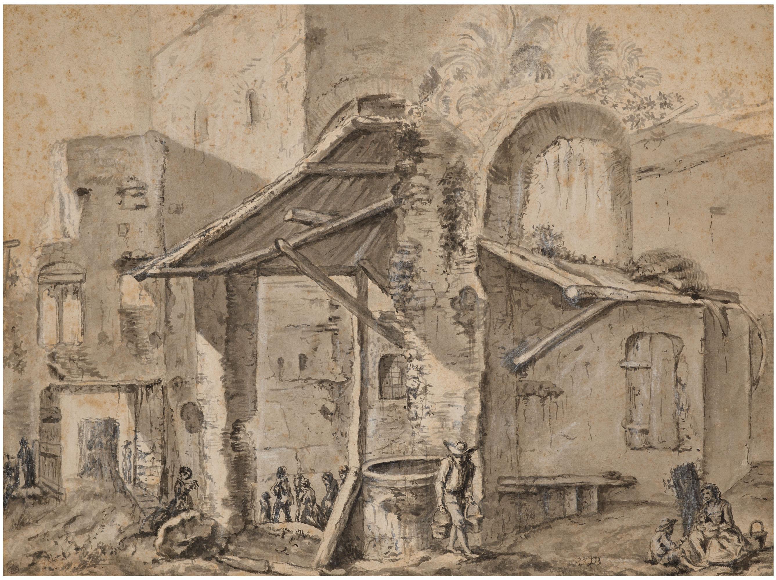 Jean-Jacques De Boissieu - Personnages Devant Des Habitations Et Des Ruines