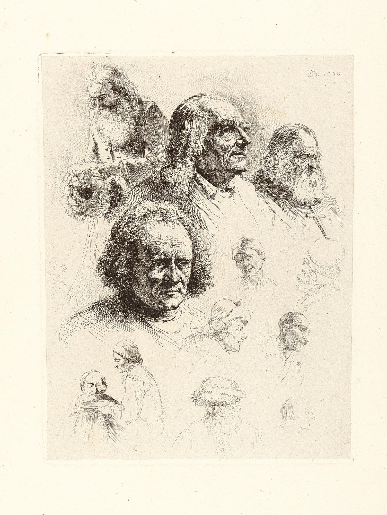 Jean Jacques de Boissieu - Studienblatt mit dreizehn Köpfen.