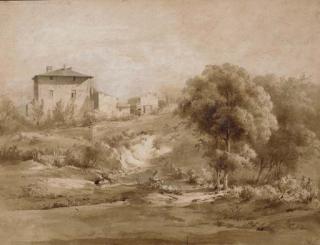 Jean-Jacques de Boissieu - Une ferme dans un paysage, un personnage sur un âne et des chasseurs au premier plan