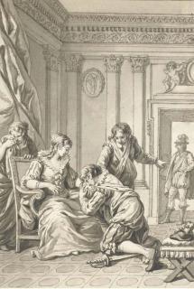 Jean-Jacques-François Le Barbier L\'Aîné - Un Homme Agenouillé Suppliant Une Femme Assise Dans Un Salon, Avec Deux Hommes Et Une Femme Éplorée