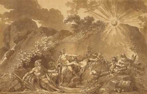 Jean-Jacques-François Le Barbier L\'Aîné - Un Paysage Avec Trois Dieux Fleuves Et Des Putti, L\'Un Armé Et Assis Sur Un Fût de Canon, Au Dessus de Caisses Et Tonneaux, Éclairé Avec Un Soleil Affichant Les Armes de France