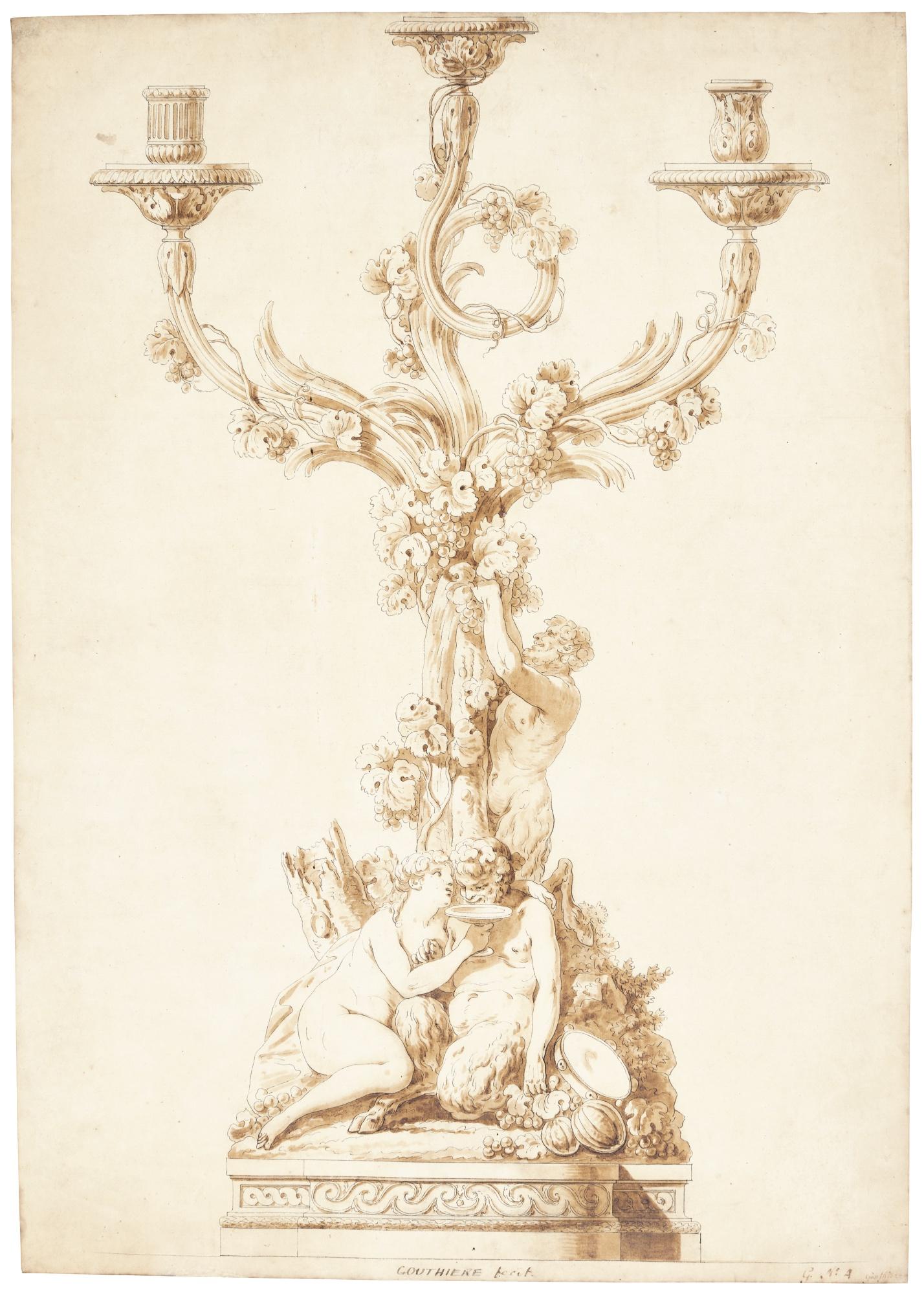 Jean Jacques François Le Barbier - Study For An Ormolu Candelabrum With A Nymph And Two Satyrs At The Base