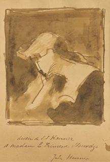 Jean-Jacques Henner - Deux Dessins Sur Des Cartons D\'Invitation: Un Portrait de Femme; Et Etudes de Figures Féminines