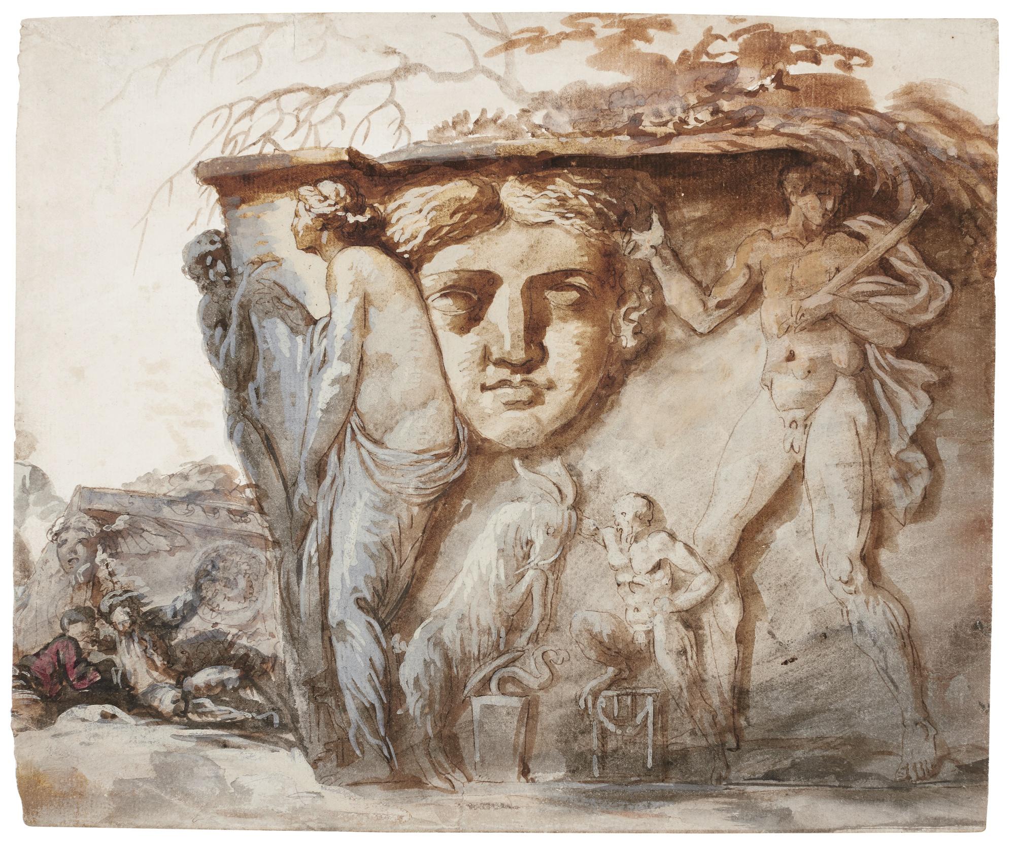 Jean-Jacques Lagrenée Ii - A Study Of Two Figures Sitting At The Foot Of A Roman Bas-Relief