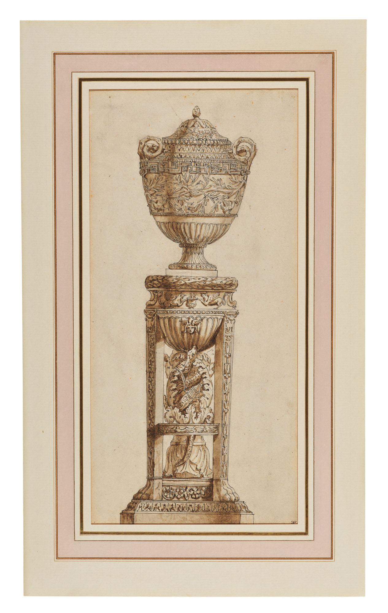 Jean-Jacques Lagrenée - Projet De Vase Sur Un Piédestal À Décors De Feuillages Et Géométriques