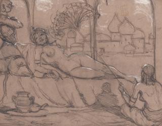 Jean Joseph Benjamin Constant - A reclining Odalisque 11 x 14in (28 x 35.6cm)