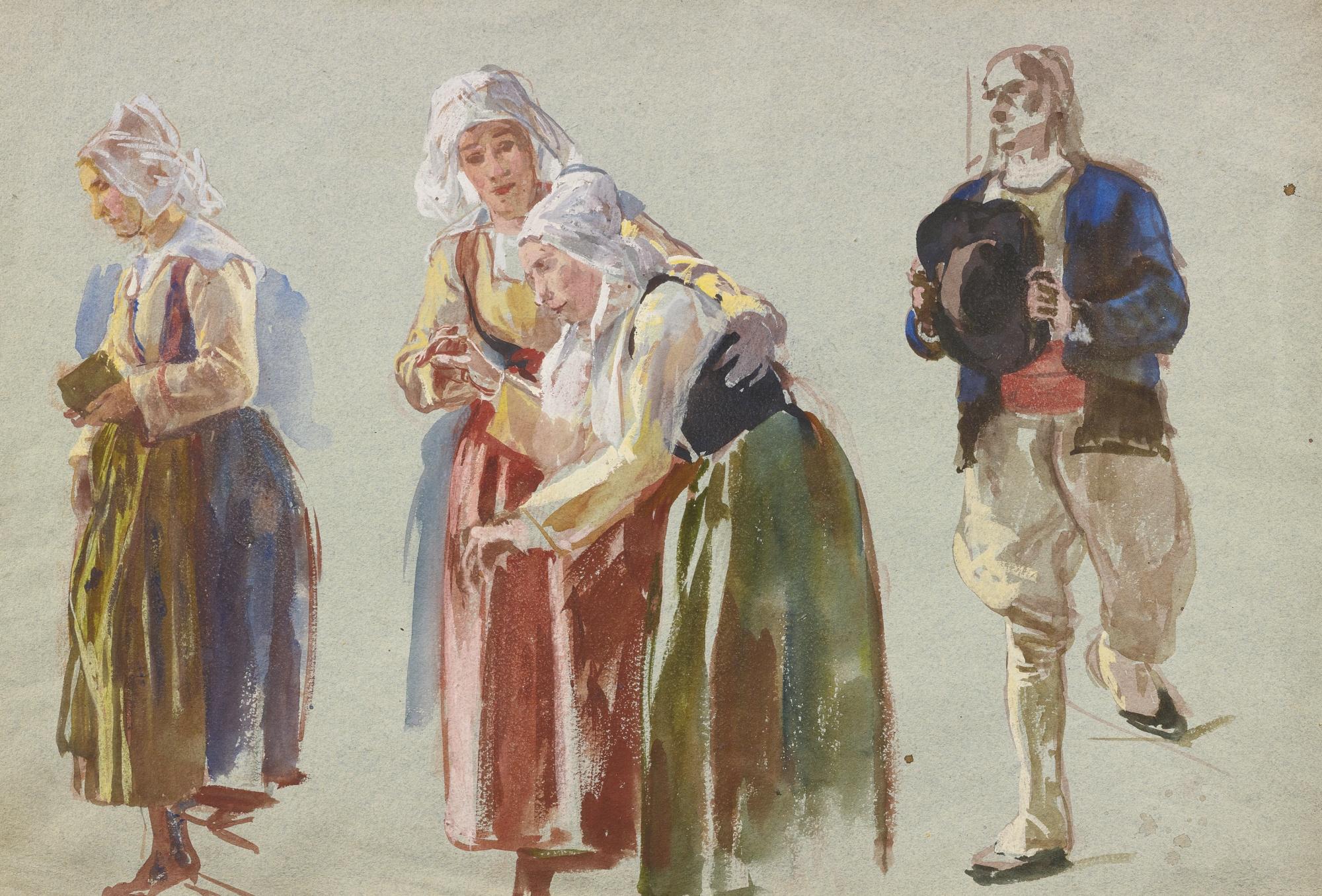 Jean Joseph Benjamin Constant - A Sheet Of Studies Of Brittany Peasants